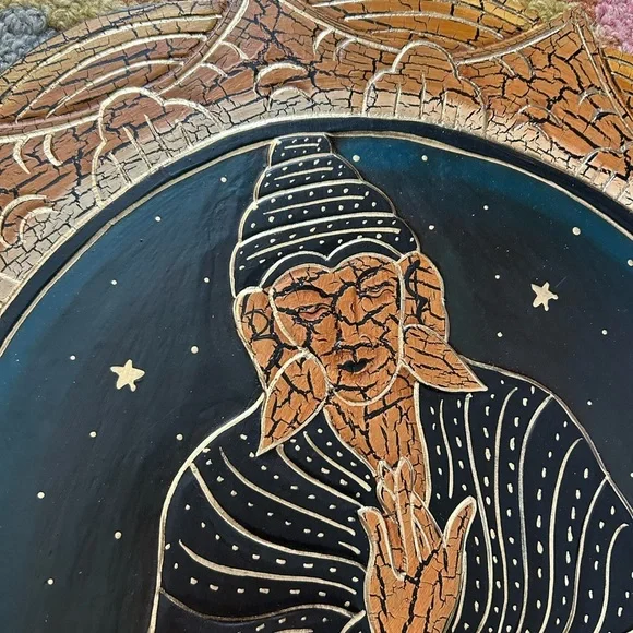 Vintage 15.5" Crackled Wood Handcarved Gold and Black Buddha Wall Art Indonesia - Picture 3 of 15